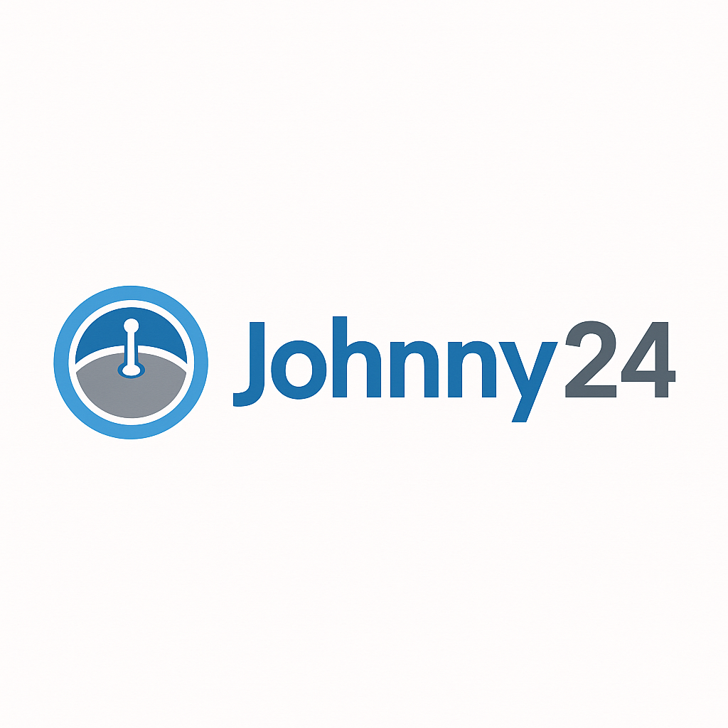 Logotip onlayn-kazino Johnny24 v golubykh i serykh tonakh, vypolnennyy v vektornom stile